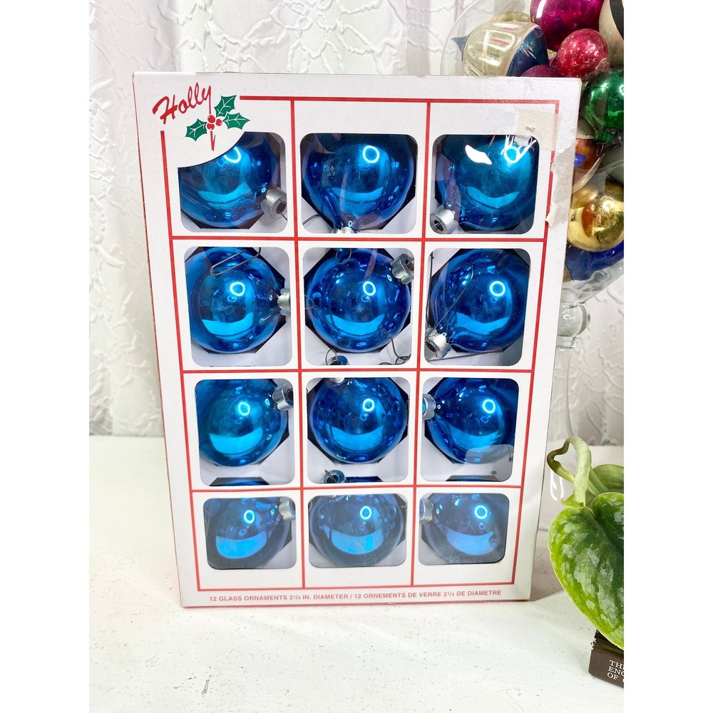 Vintage Sapphire Blue Glass Christmas Ornaments, Set of 12